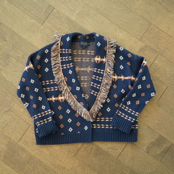 Pendleton Navy and Brown Fringed Cotton Wool Blend Cardigan Women's Size Large‎ - Picture 3 of 10